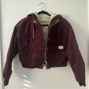 BDG Urban Outfitters Burgundy Hooded Utility Bomber Jacket with Sherpa Lining